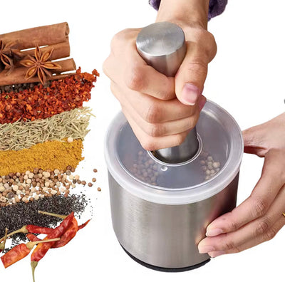 Stainless Steel Manual Spices Pounder, Rust Proof Mortar and Pestle Set, Anti-Slip Chillies Crusher Jar