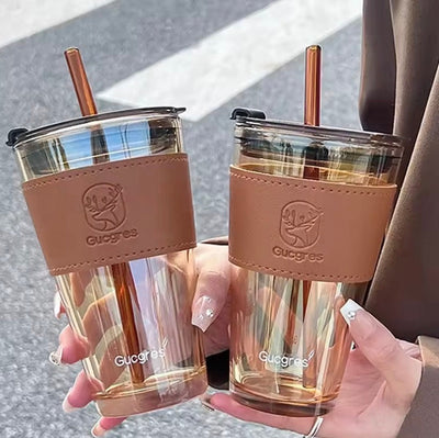 Aesthetic Glass Coffee Cup, Water Glass Sipper With Straw, Coffee Mug With Leather Pad, Bamboo Glass Water Cup